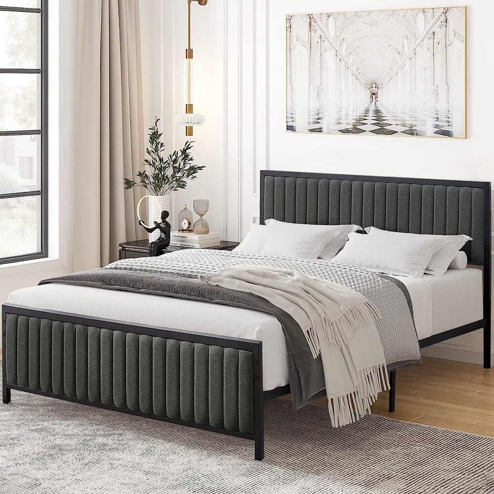 VECELO Modern Faux Leather Upholstered Bed  Beige/Grey