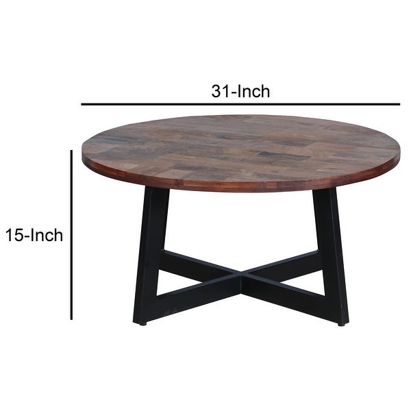 31 Inch Round Mango Wood Farmhouse Coffee Table for iving Room， Home， Office， X Shape Iron Frame， Brown， Black