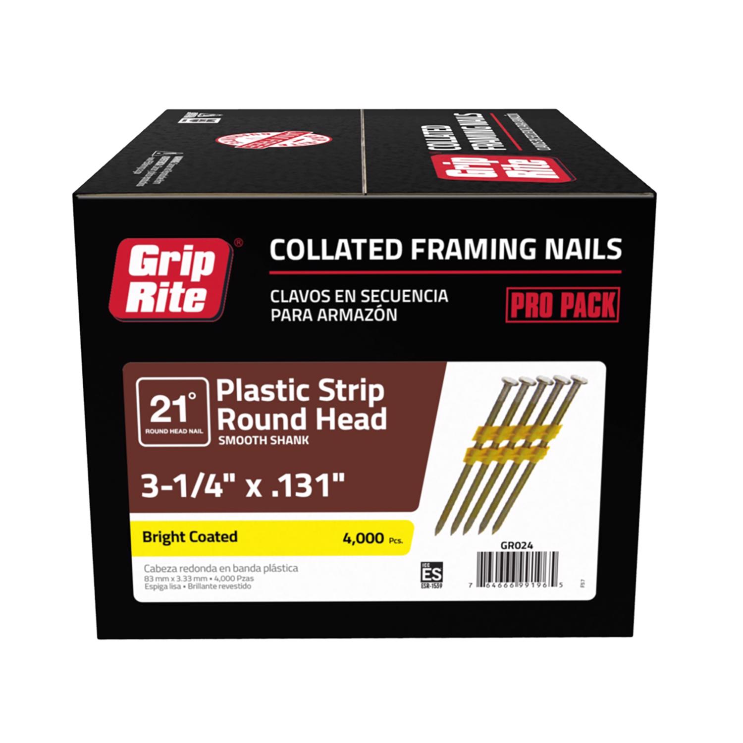 Grip-Rite 3-1/4 in. 10-1/4 Ga. Angled Strip Bright Framing Nails 21 deg 4000 pk