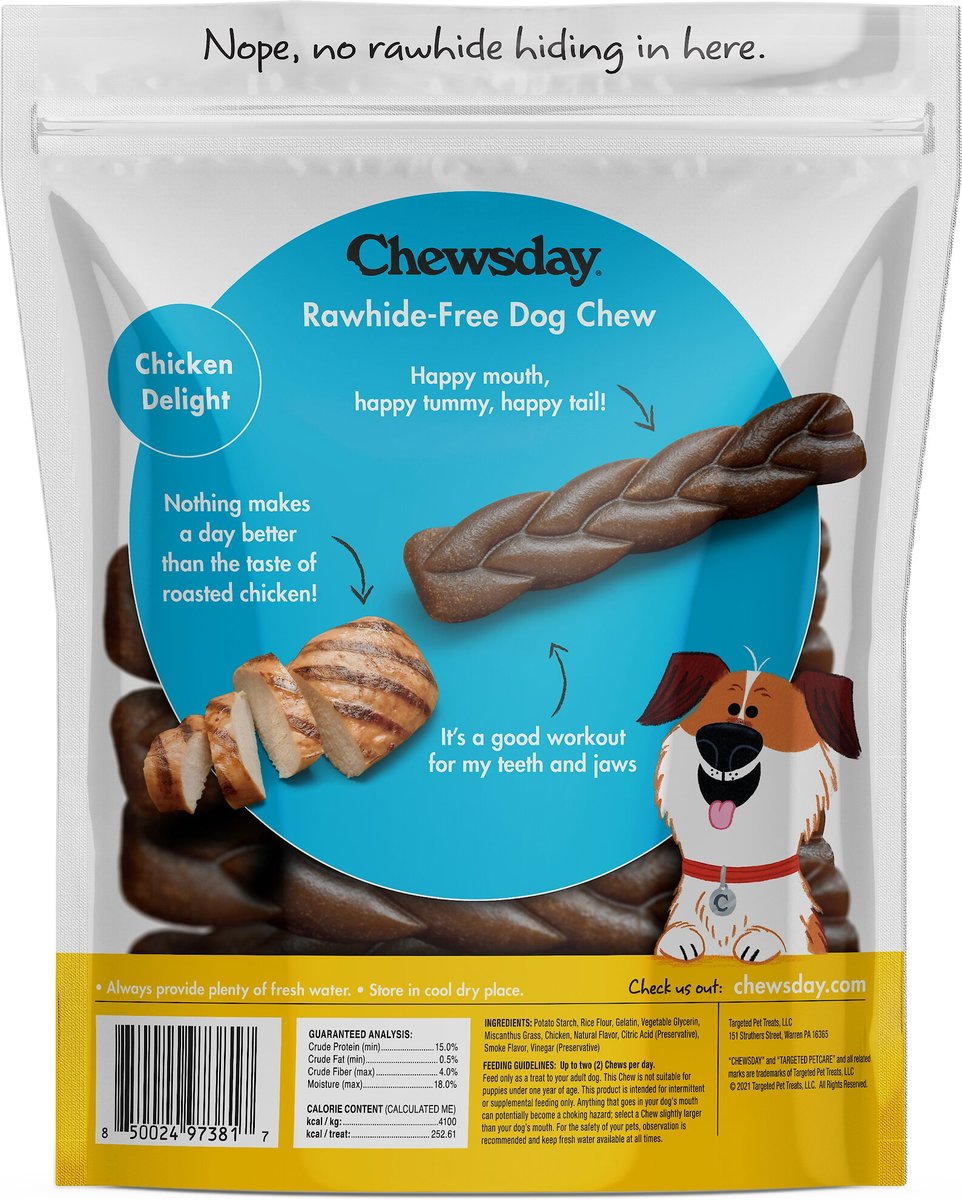 Chewsday Chicken Delight Chew Braids Rawhide-Free Dog Hard Chews， 7 count， Original