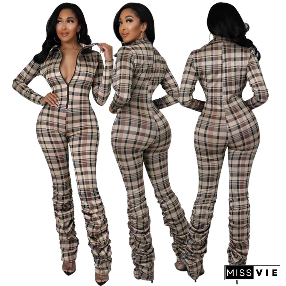 Fashion Slim-fit Pleated Print Plaid Jumpsuit