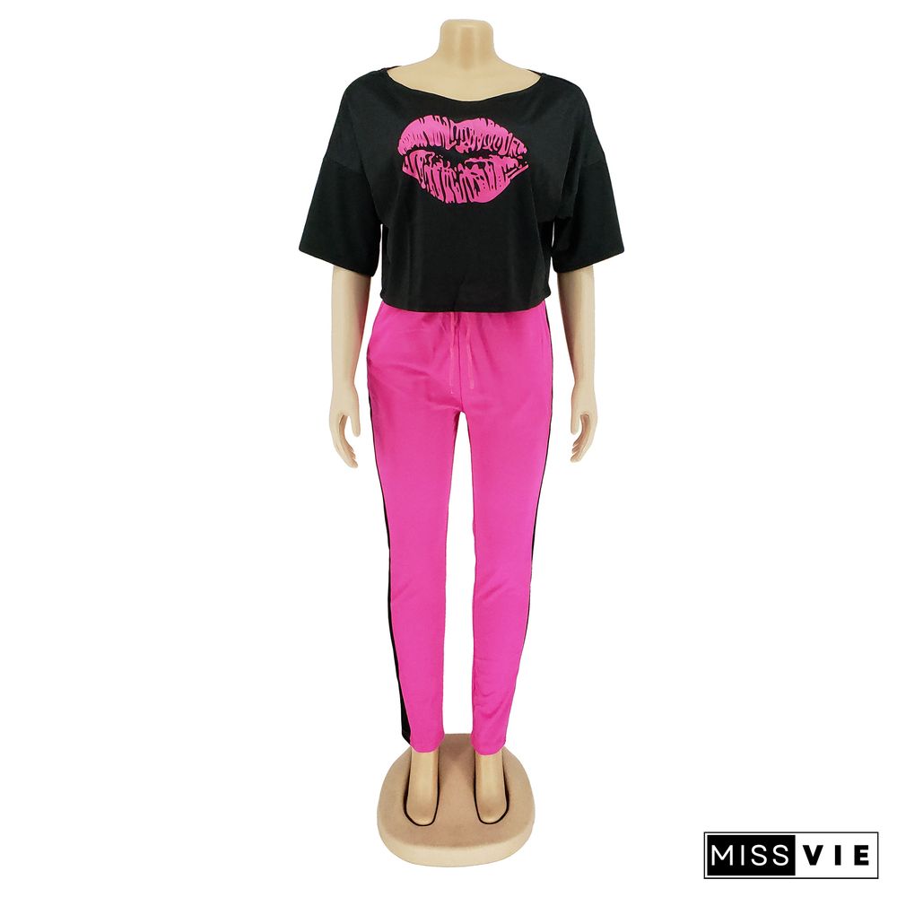 Lip Print Middle Sleeve T-shirt+ Contrast Color Trousers Two-piece Set