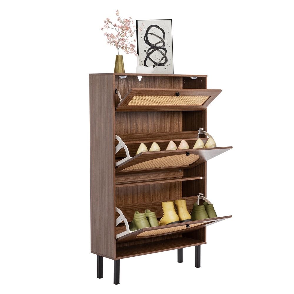 Rattan Shoe Cabinet Freestanding Shoe Rack Storage Cabinet with 2 Flip Drawers