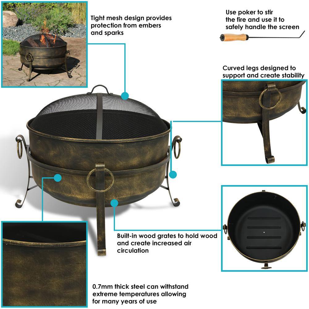 Sunnydaze Decor Cauldron 24 in. x 23 in. Round Steel Wood Fire Pit with Spark Screen in Black NB-CF24