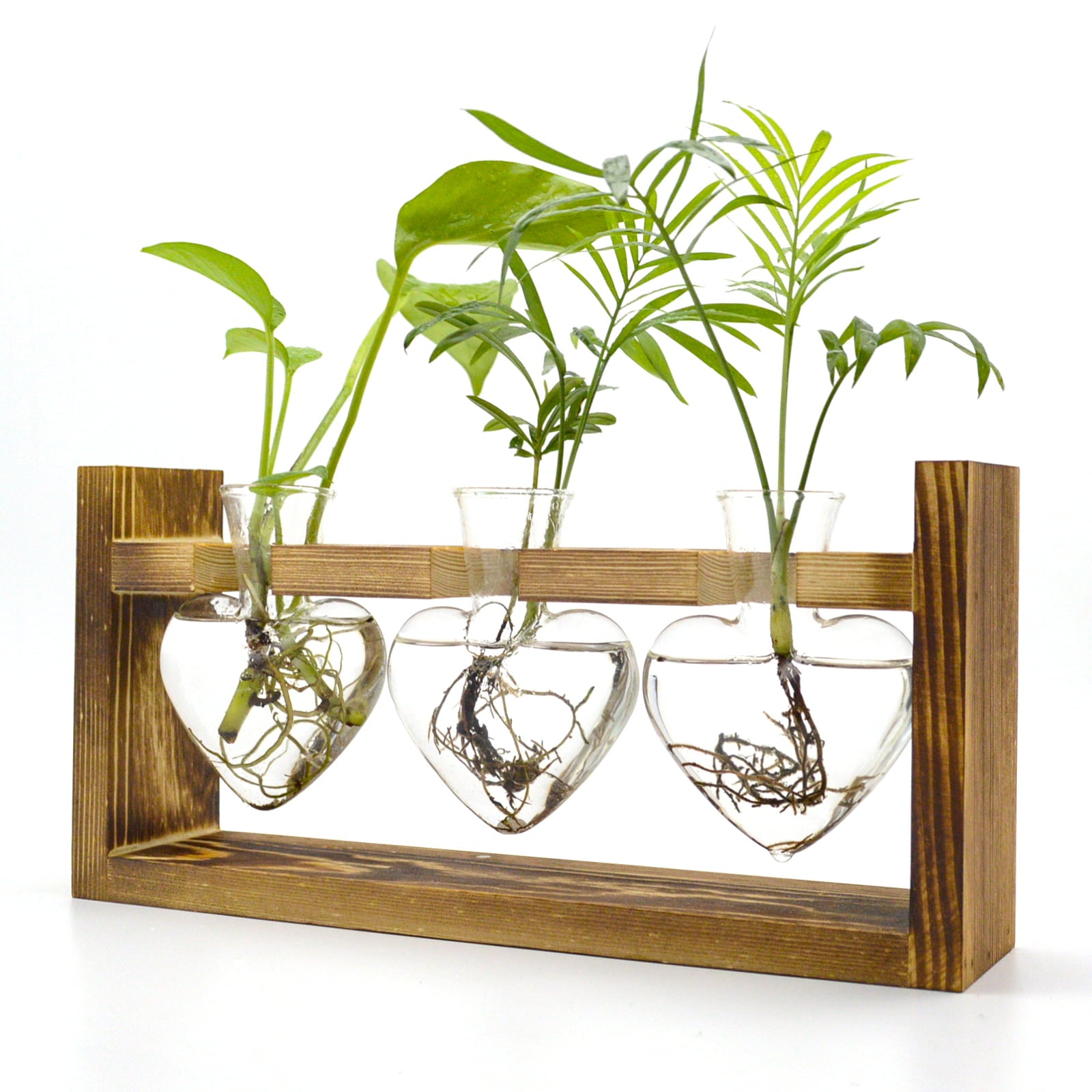 Plant Terrarium with Wooden Stand, Desktop Heart Glass Container Air Planter Metal Swivel Stand, Gift for Women, Ideal for Hydroponic Air Plants, Office Decor for Women (3 Heart Vases)