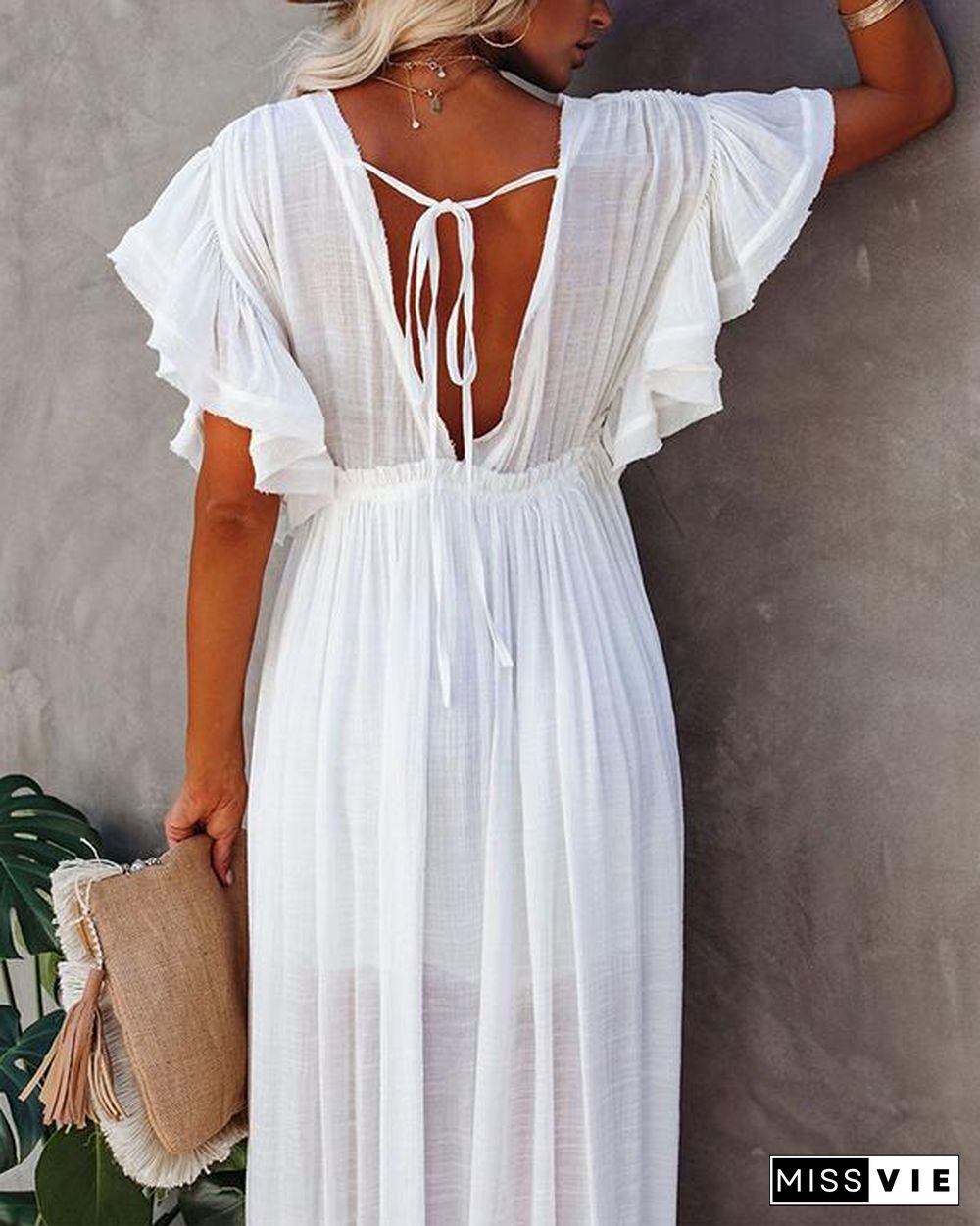 Women Long Maxi Dress Solid V neck Ladies Holiday Dress