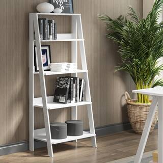 Walker Edison Furniture Company 55 in. White Wood 4-shelf Ladder Bookcase with Open Back HDS55LDWH