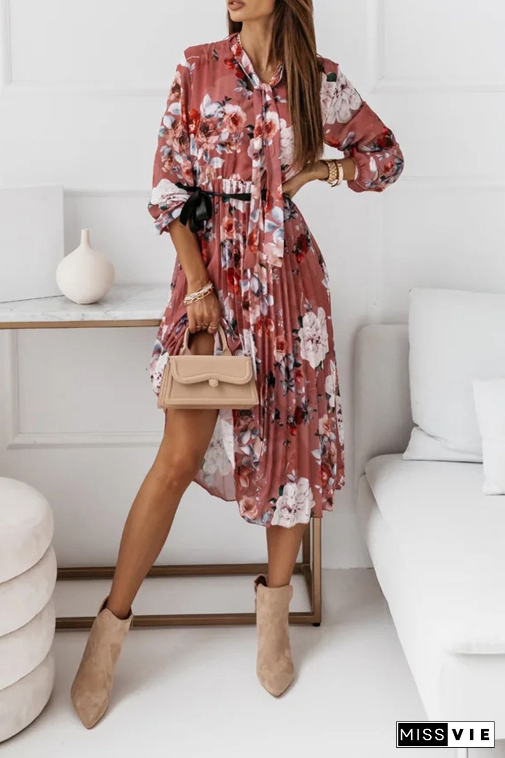 Floral Fold With Belt Ribbon Collar Pleated Dresses