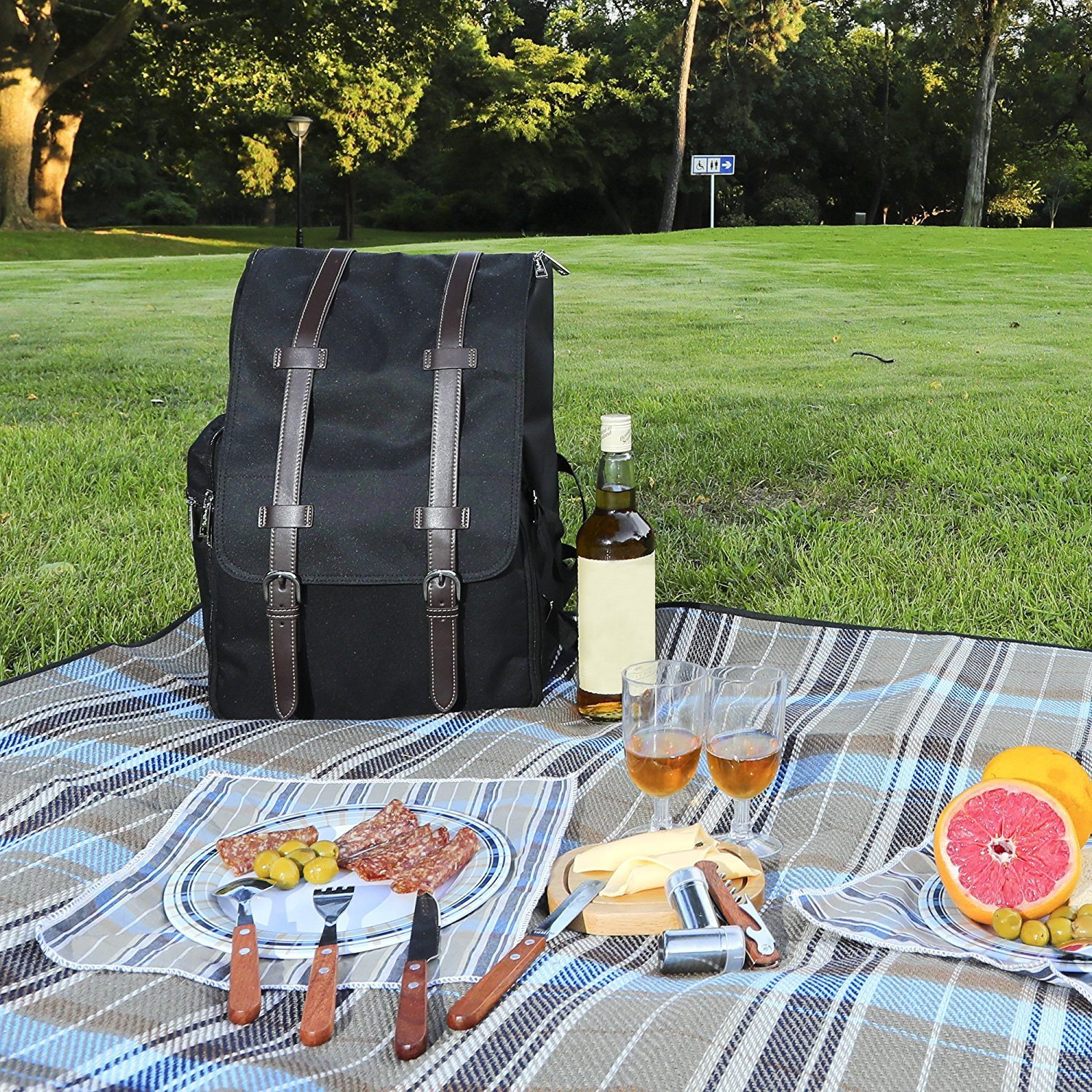 Picnic Backpack | Wine Cooler | Stylish All-in-One Portable Picnic Bag for 4 with Complete Wooden Cutlery Set， Stainless S S/P Shakers | Waterproof Fleece Picnic Blanket | Cooler Bag for Camping