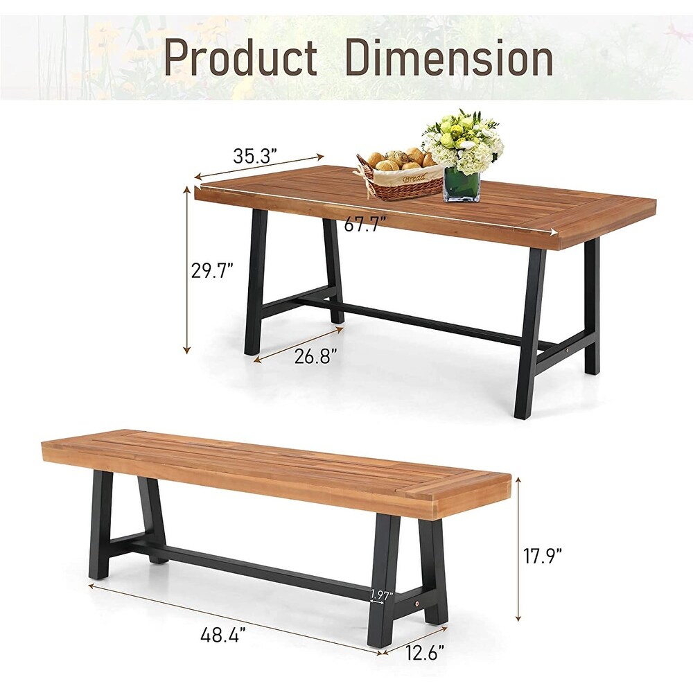 3PCS Outdoor Patio Dining Table Set Acacia Wood with 1 Rectangular Picnic Coffee Table and 2 Benches