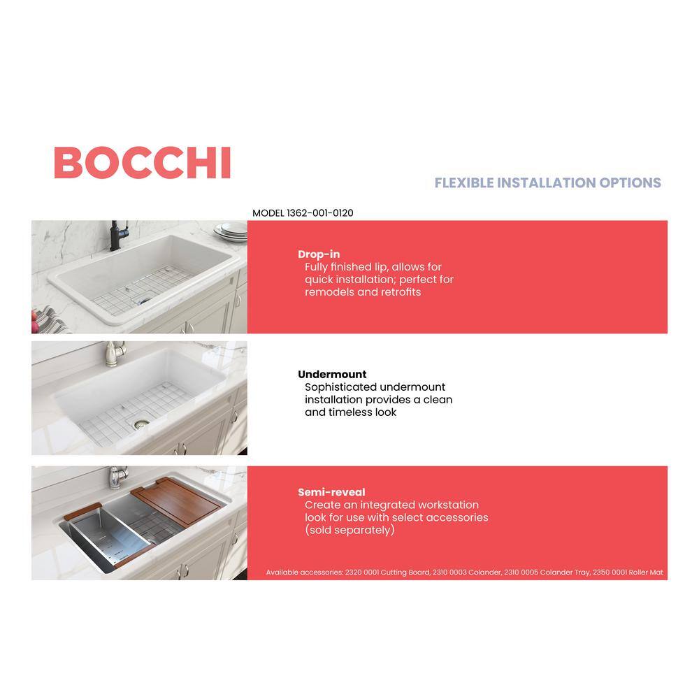 BOCCHI Sotto Undermount Fireclay 32 in. Single Bowl Kitchen Sink with Bottom Grid and Strainer in White 1362-001-0120