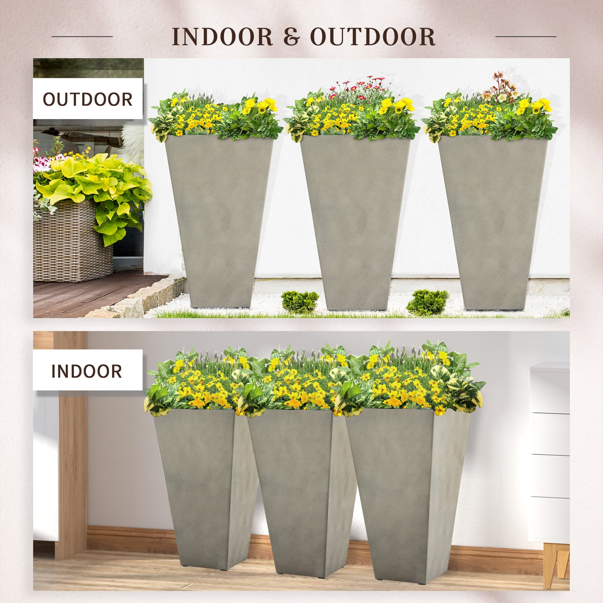 Outsunny 28" Tall Plastic Planters, 3-Pack, Large Taper Outdoor & Indoor Plastic Garden Flower Pots, for Entryway, Patio, Yard, Grey