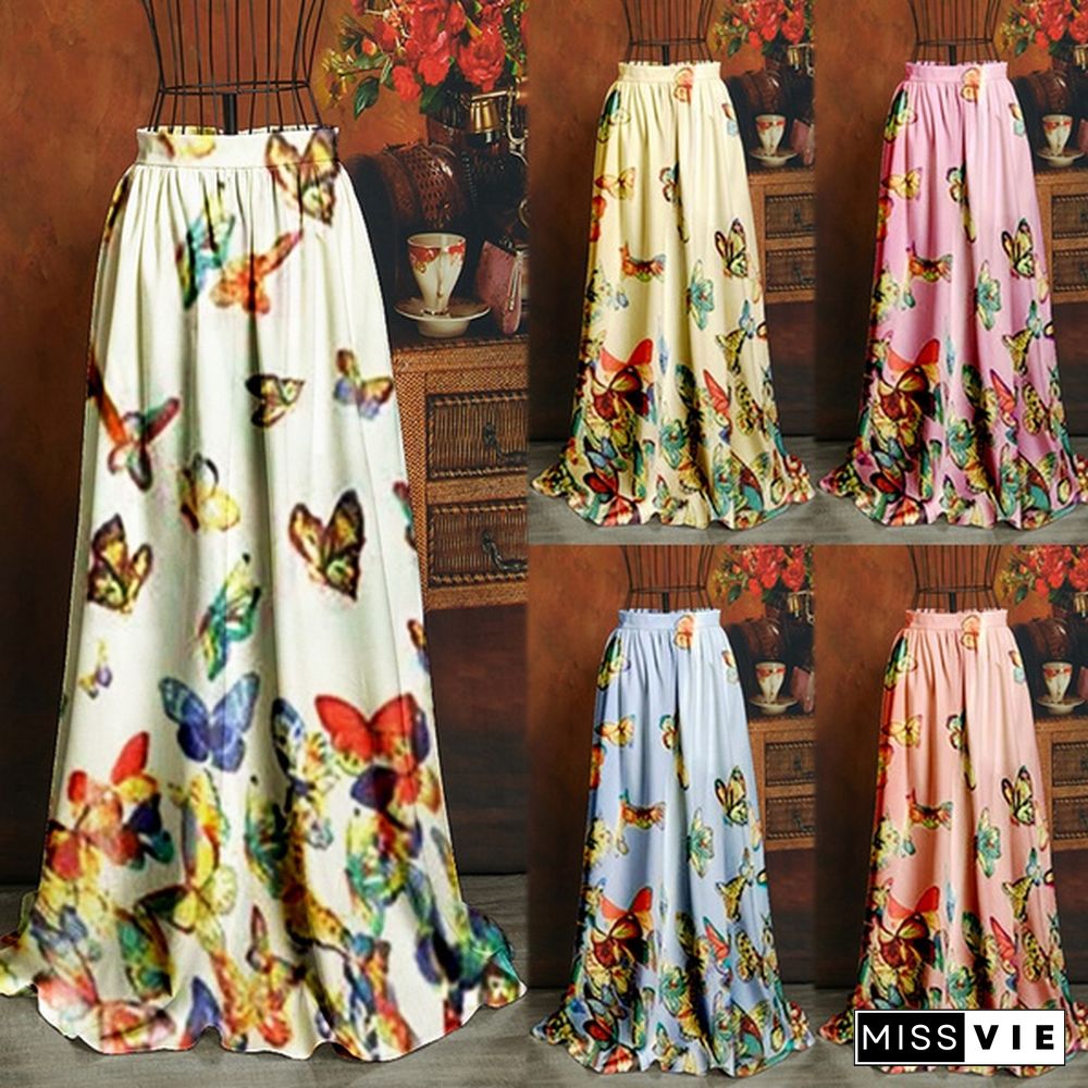 New Style Women Fashion Long Length Butterfly Printed Bohemian Style Vintage Pleated Skirts Summer Long Skirt