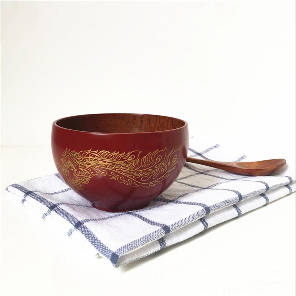 Phoenix Pattern Wood Rice Noodles Hand-crafted Serving Bowl Japanese Style Tableware Food Container red and Phoenix