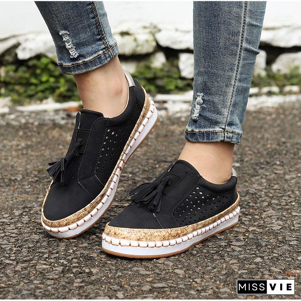 Women Slip On Hollow Out Flats Ladies Breathable Loafers Casual Platform Vulcanized Sewing Sneakers Shoes