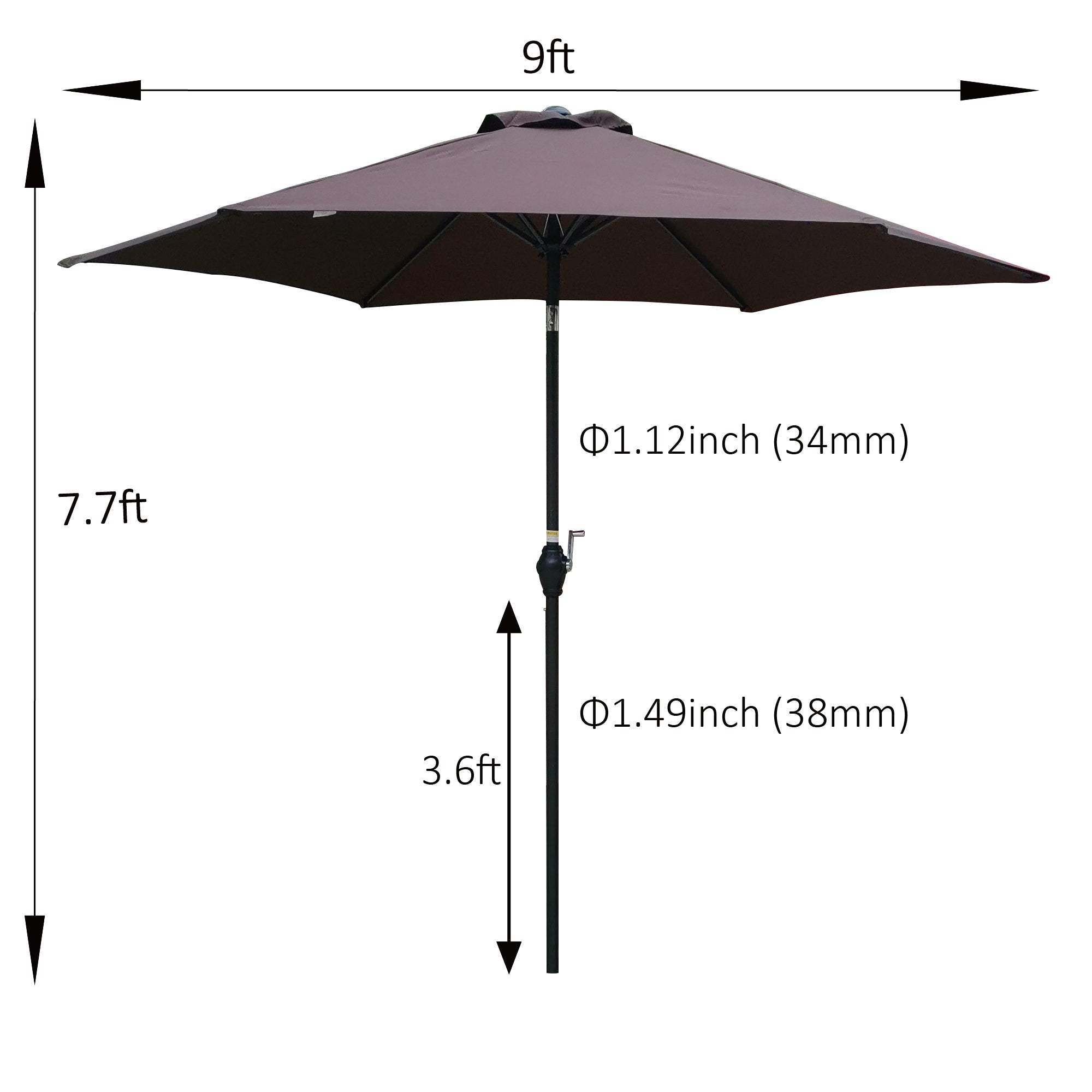 9ft Outdoor Umbrella Patio Market Table Umbrella Garden Umbrella with Push Button Tilt and Crank, 6 Sturdy Ribs, Coffee Market Umbrellas for Garden, Deck, Backyard and Pool