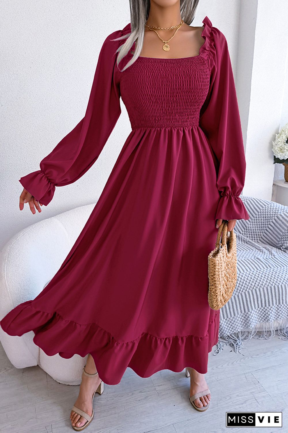 Plain Square Neck Smocked Top Maxi Dress