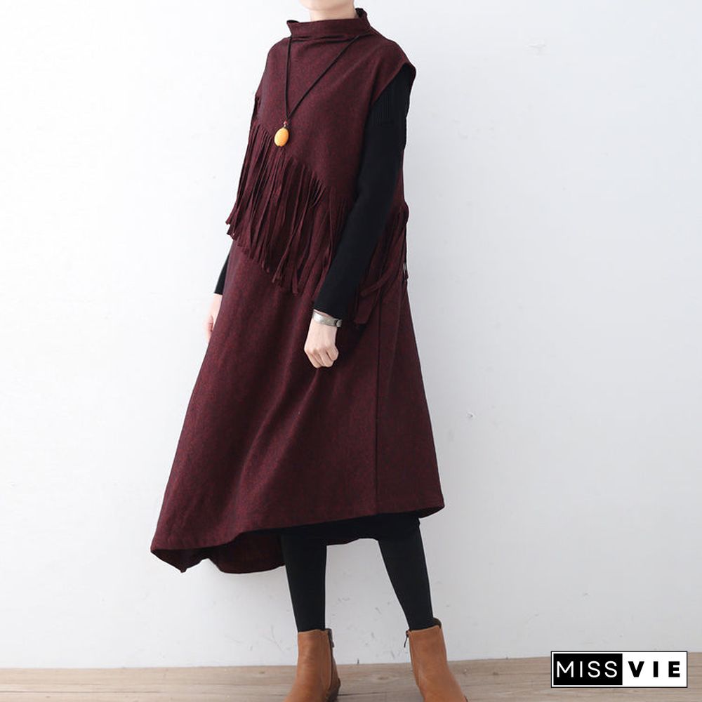 Fine burgundy long woolen trendy plus size tassel fall dresses Elegant asymmetric hem winter dress