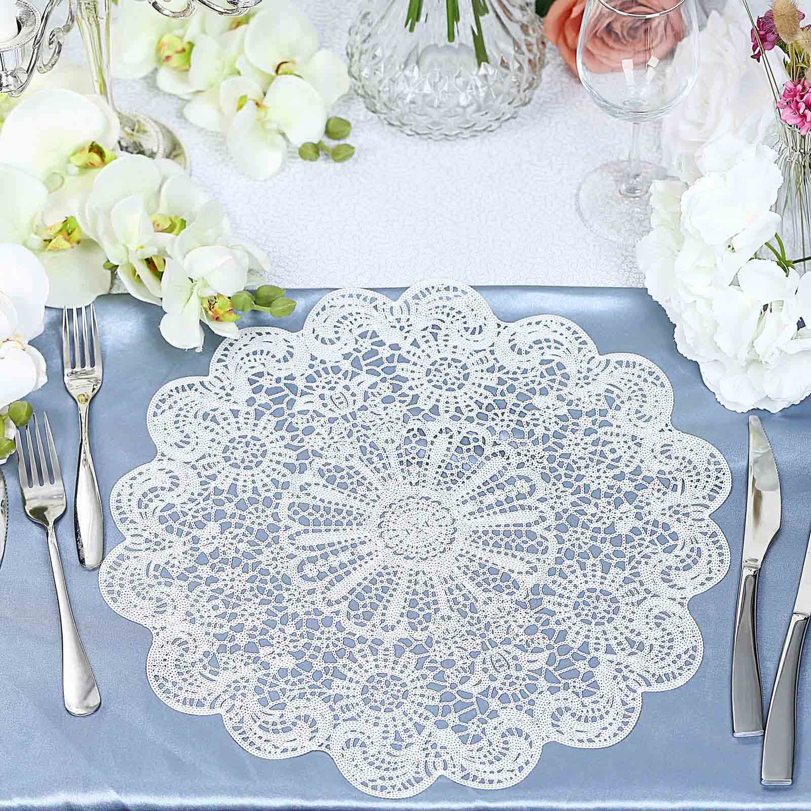 6 Pack White Vintage Floral Lace Vinyl Placemats, Non-Slip Dining Table Mats 15