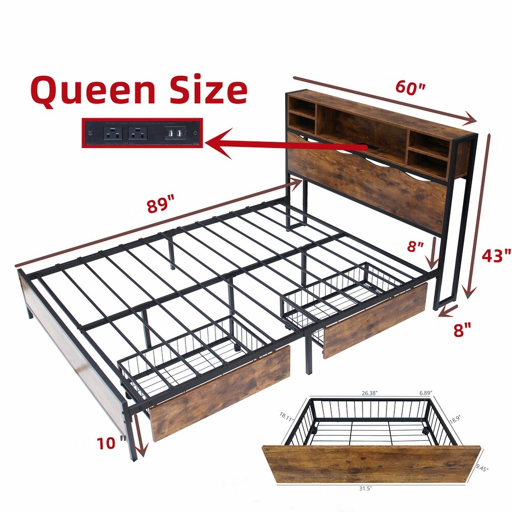 Rustic Bookcase Bed Frame with Charging Station + 2 Storage Drawers 