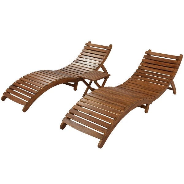 Wood Extended Chaise Lounge Set with Foldable Tea Table