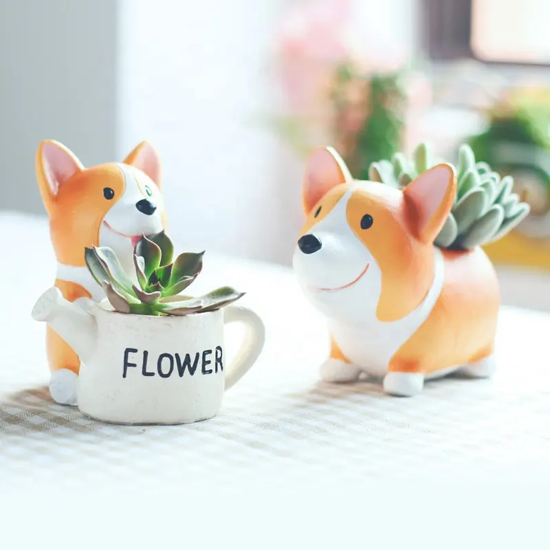 Popular Items Personality Creative Cartoon Corgi Resin Tabletop Potted Micro Landscape Ornament Succulent Plant Small Flower Pot