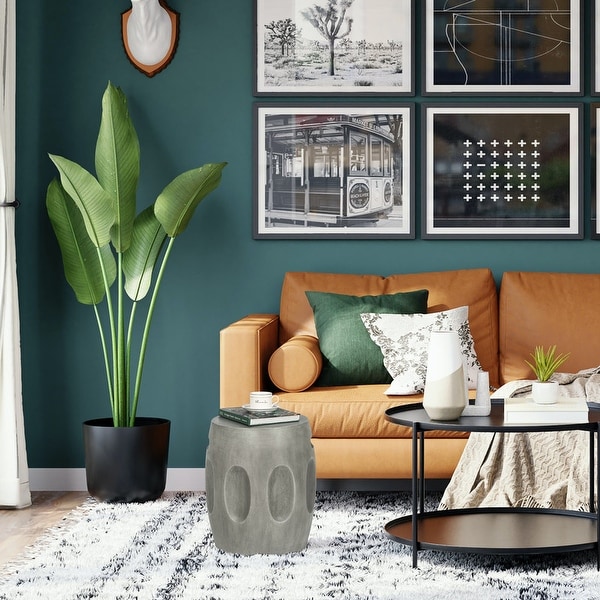 Adeco Concrete End Table with Handles Round Drum-Shaped Side Table