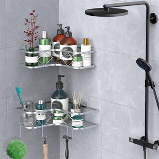 Cubilan Wall Mounted Bathroom Shower Caddies Corner Shower Shelves with Hooks in Silver 2-Pack HD-CD9