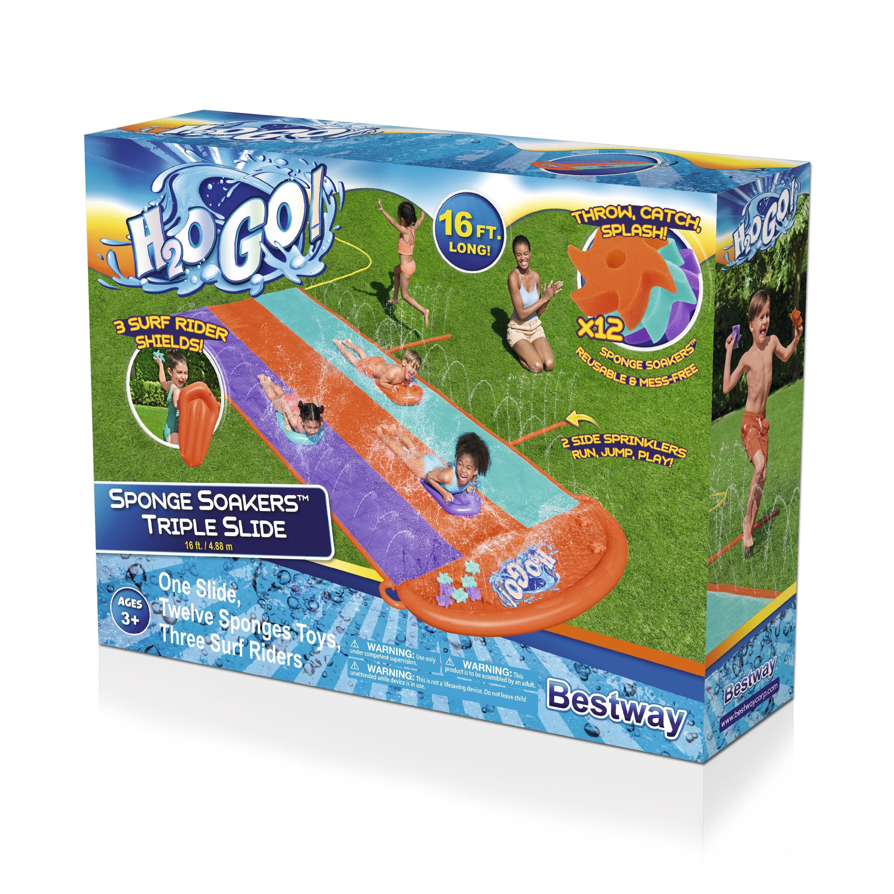 H2OGO! 16' Triple Water Slide with Sponge Soakers Toys and Three Riders