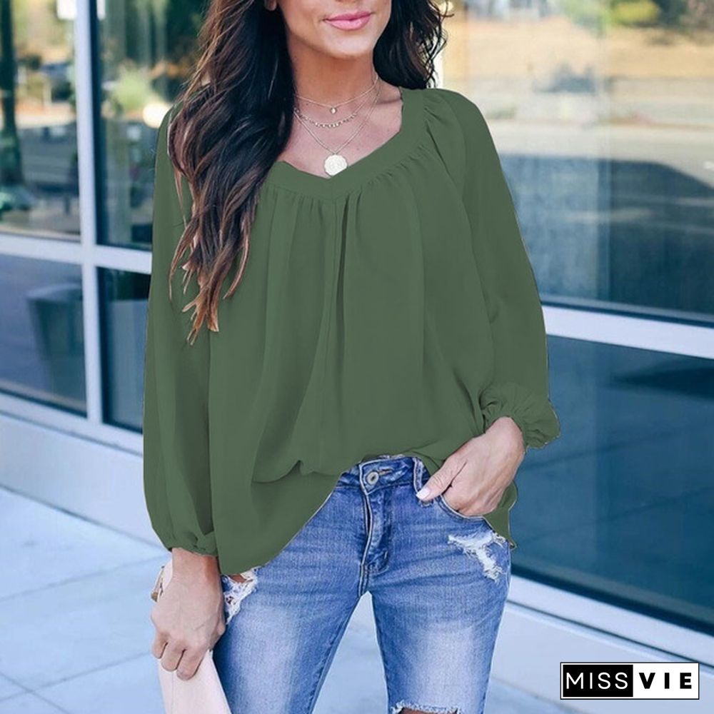 Plus Size XS-5XL Women's Fashion Clothes Pure Color Long Sleeve Shirts Elegant Ladies Casual V-neck Tops Spring and Autumn Bow-knot Lace Up Loose Chiffon Blouse