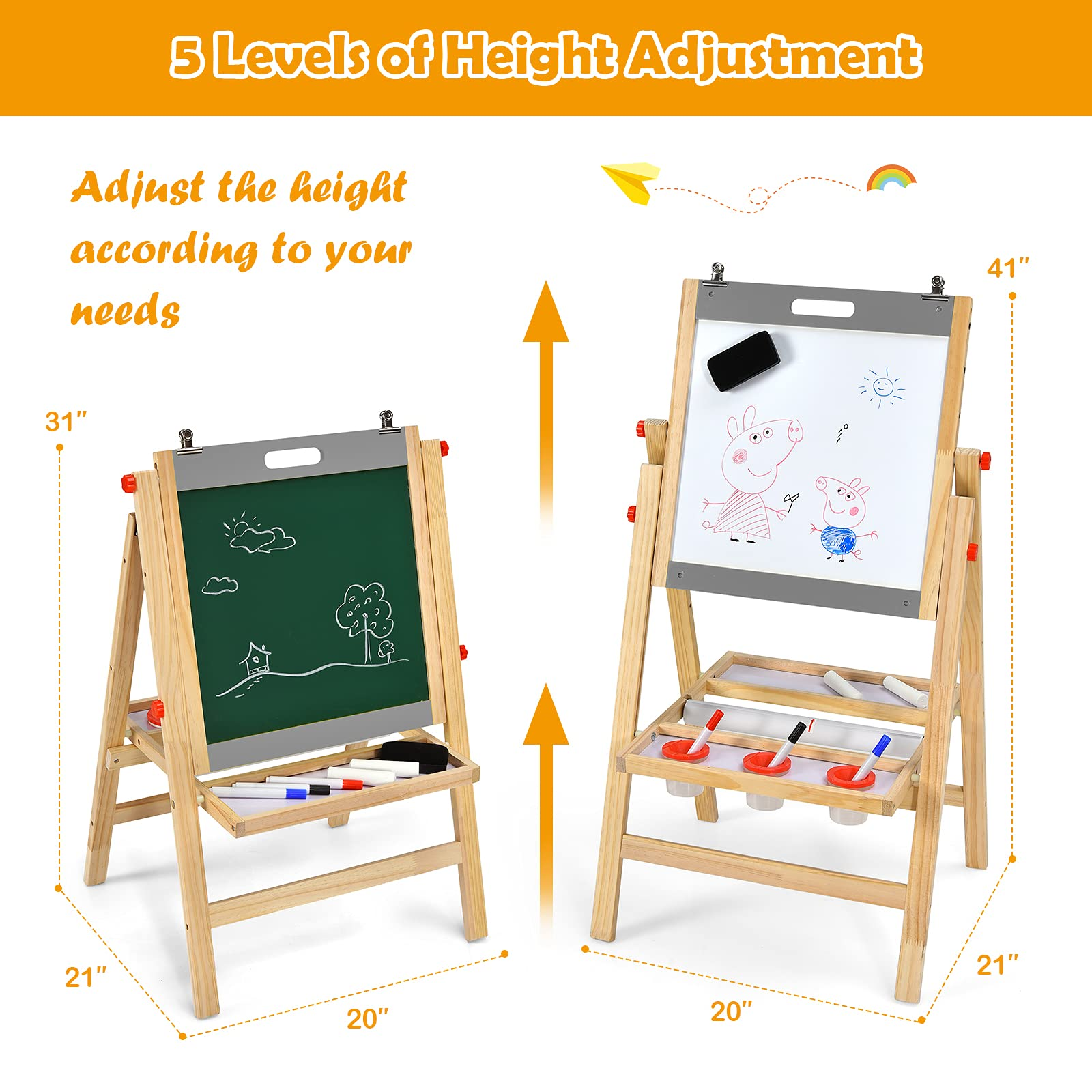 Costzon Art Easel for Kids, 3-in-1 Wooden Folding Toddler Easel Magnetic w/Paper Roll & Storage Tray (Nature)