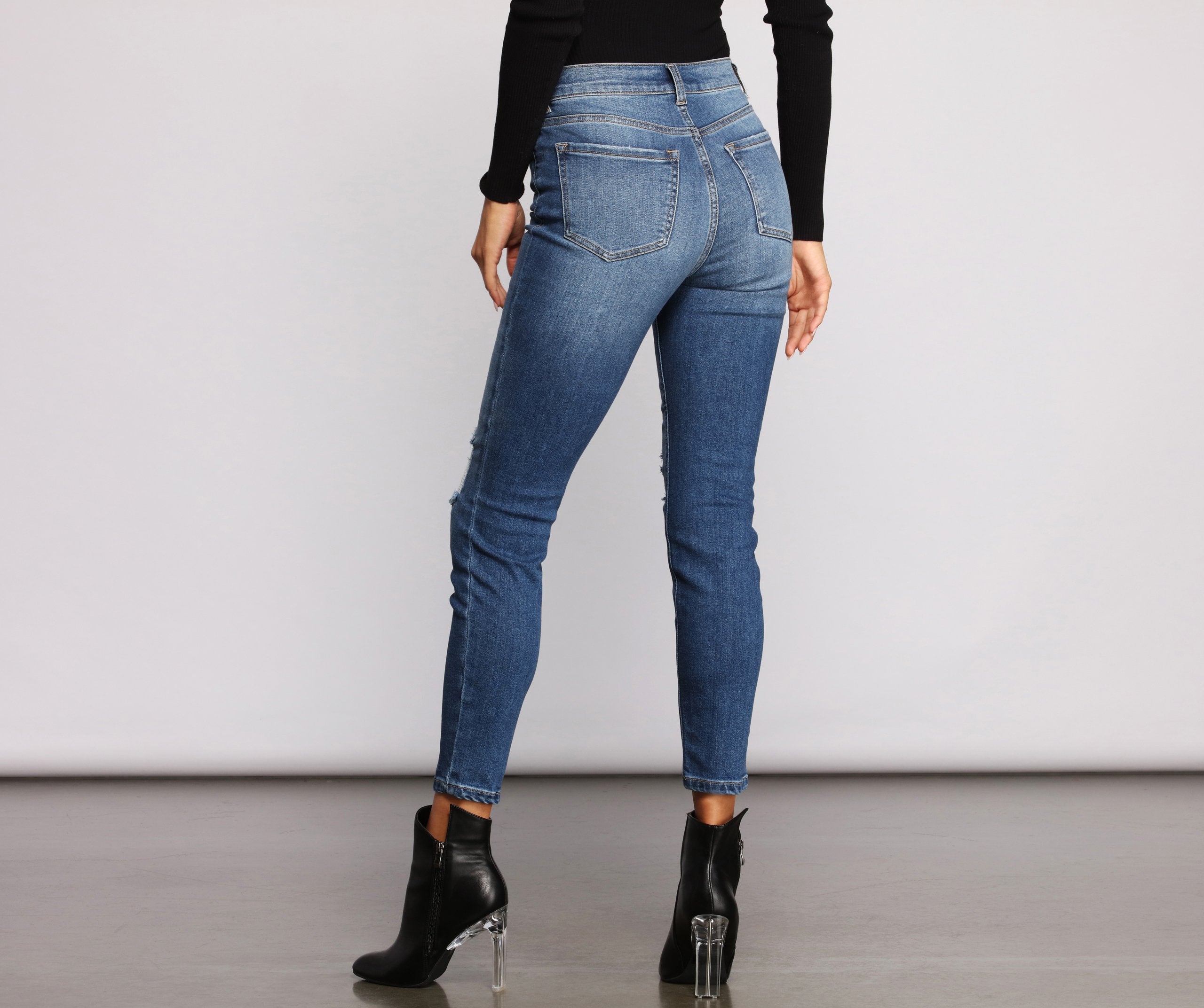 High Rise Knee Slit Skinny Jeans