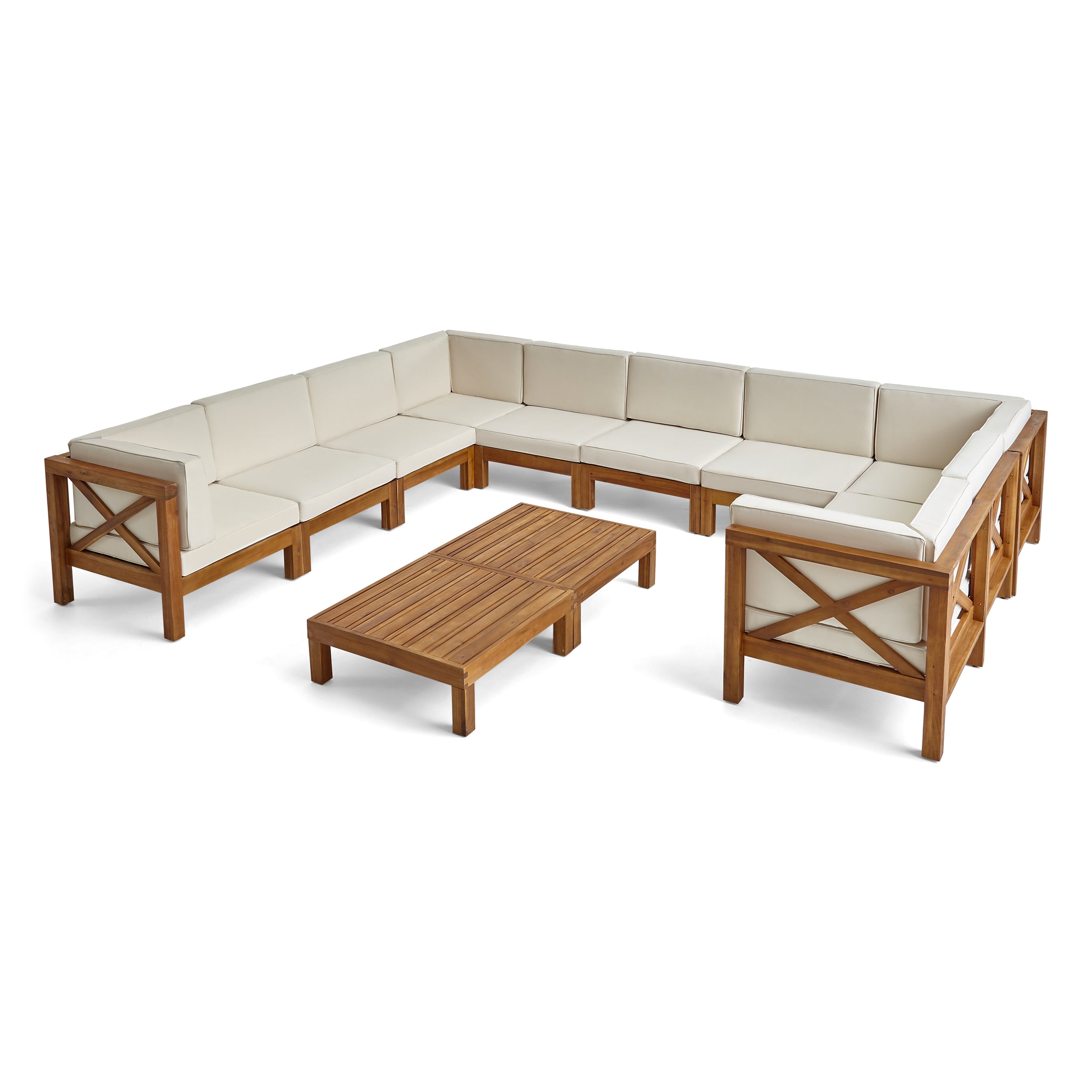 Cynthia Outdoor Acacia Wood 10 Seater U-Shaped Sectional Sofa Set with Two Coffee Tables