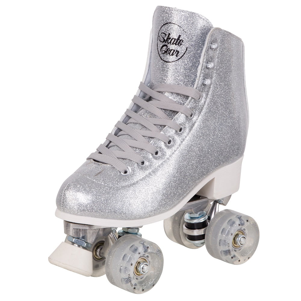 Cal 7 Sparkly Roller Skates for Indoor and Outdoor Skating， Faux Leather Quad Skate with Ankle Support and 83A PU Wheels for Kids and Adults (Silver， Men's 8/ Women's 9)