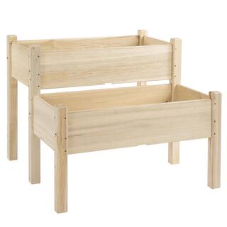 Outsunny 34 in. W x 34 in. D x 28 in. H Natural Wooden 2-Tier Raised Garden Bed 845-454