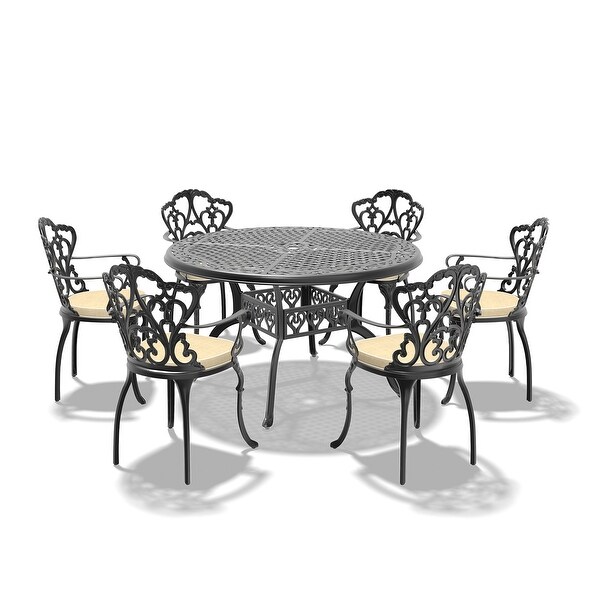 5/7Piece Cast Aluminum Outdoor Dining Set with 48.03 in. Round Table and Random Color Cushions