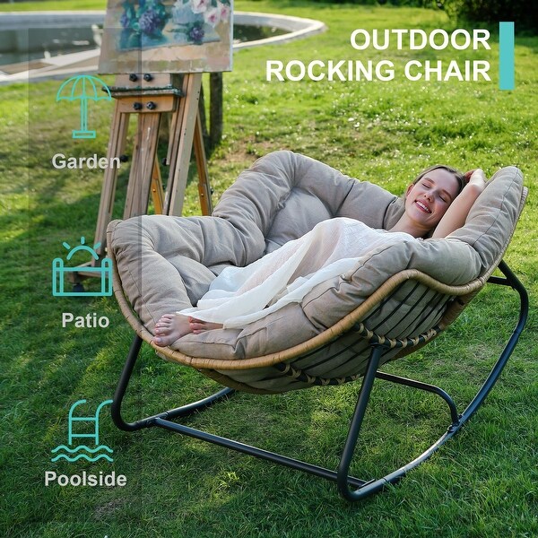 Outdoor Rocking Chair，Patio Egg Rocking Chair，Indoor Papasan Chair，Rattan Wicker Lounge Chair，Comfy Modern Royal Chair