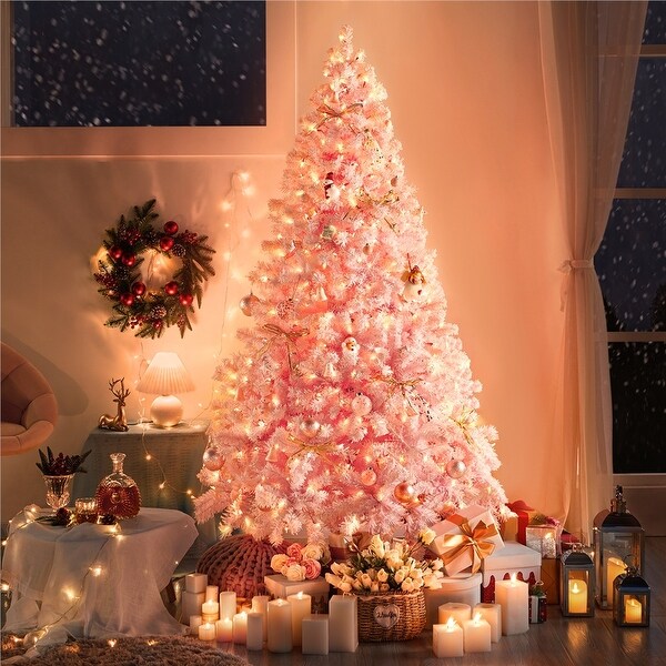 Yaheetech Prelit Flocked Artificial Christmas Tree Snow Frosted Christmas Tree，Pink