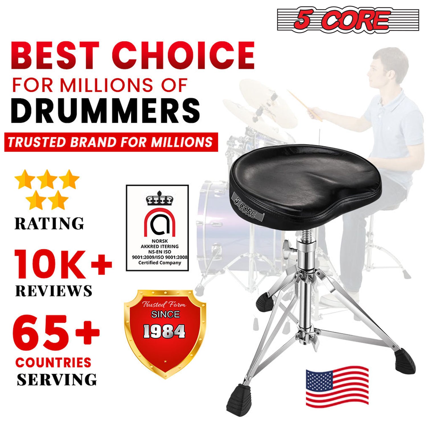 5 Core Drum Throne Saddle Black| Heavy Duty Height Adjustable Padded Comfortable Drum Seat| Stools Chair  Style with Double Braced Anti-Slip Feet and Two Drumsticks for Adults Drummers- DS CH BLK SDL HD