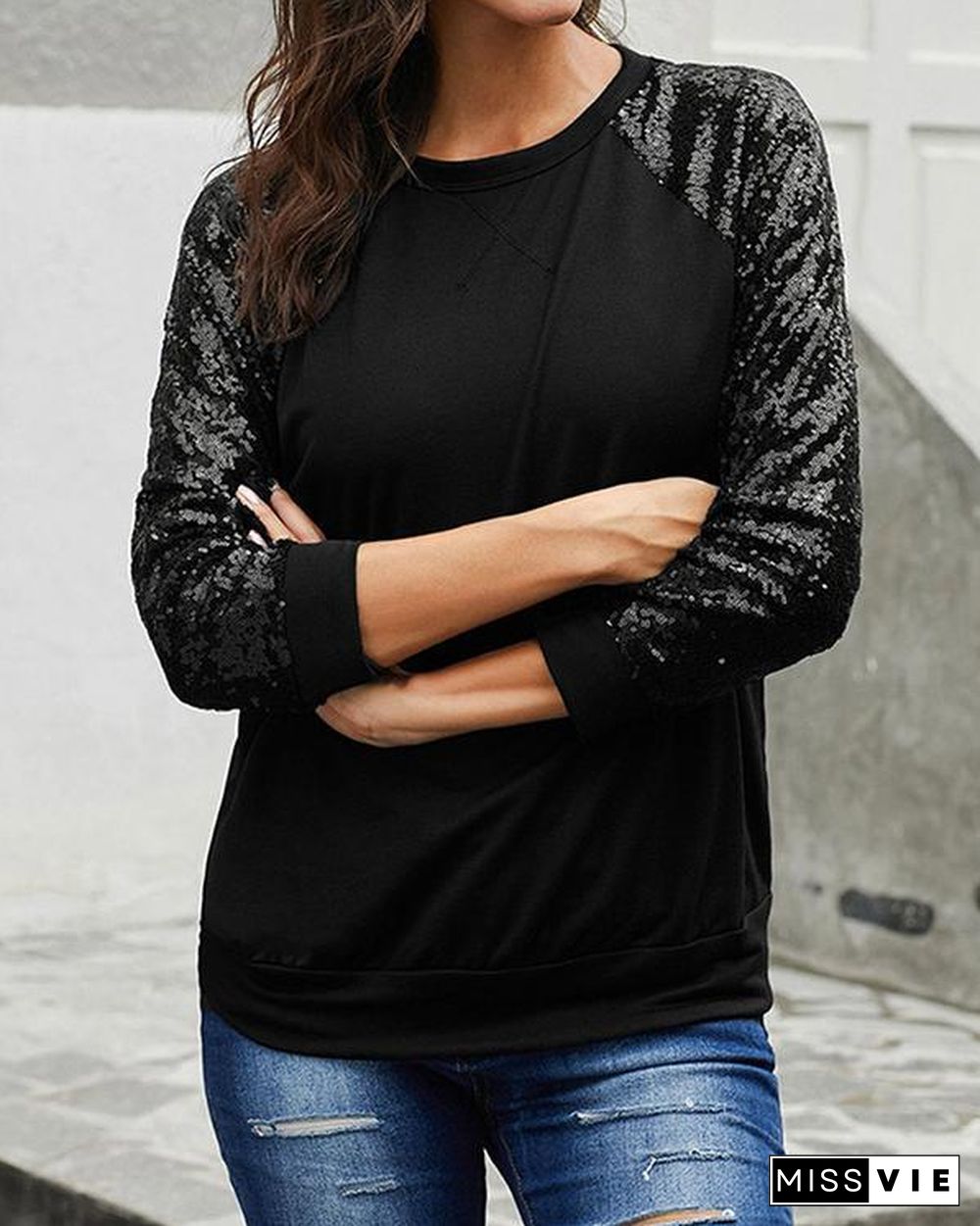 T-Shirt With Sequined Sleeves