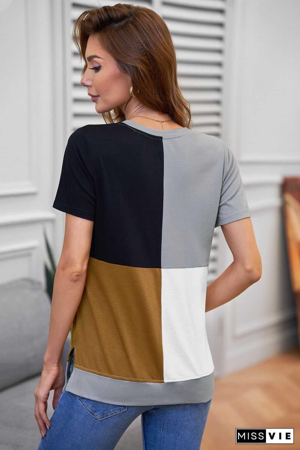 Brown Colorblock T-shirt with Slits