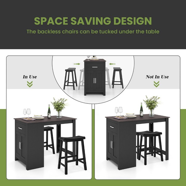 Costway 3 Pieces Bar Table Set Pub Dining Table With Saddle Stools amp Storage Cabinet Black