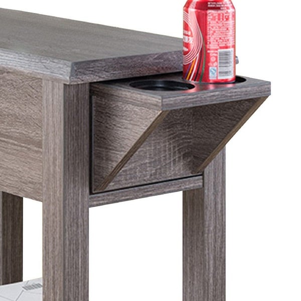 24 Inch Wood Chairside End Table， 1 Drawer， 2 Cupholders， Distressed Grey - 24 H x 11.5 W x 20 L Inches