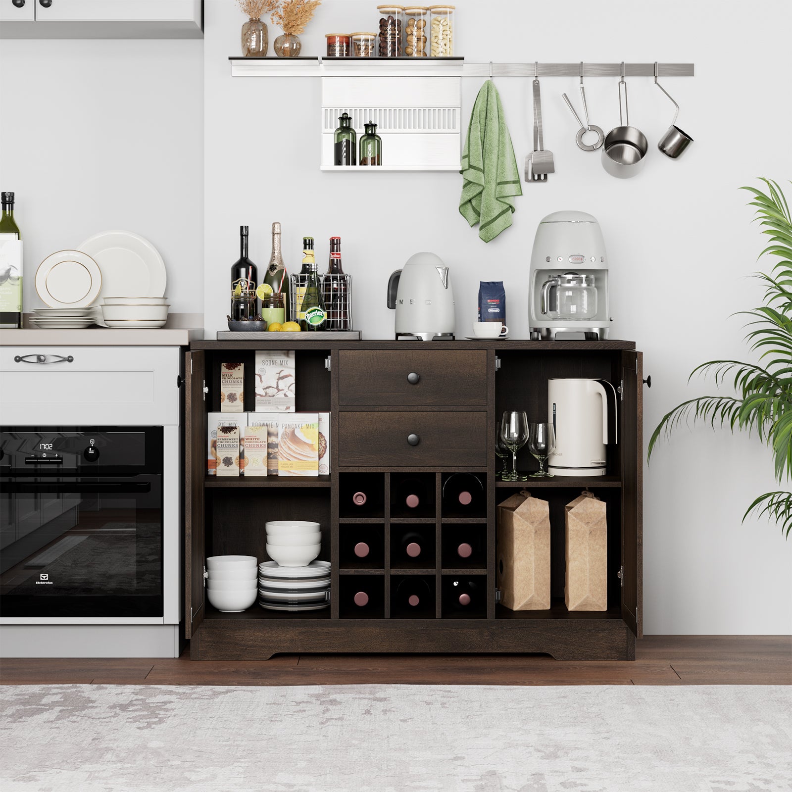 Coffee Bar Cabinet Kitchen 43-inch Buffet Cabinet with Storage, Drawers, Adjustable Shelves, and Wine Rack