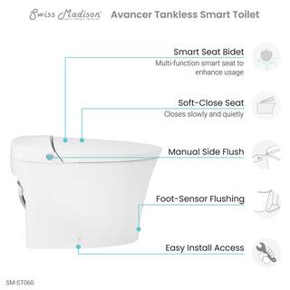 Swiss Madison Avancer Intelligent Tankless 1-piece 1.11.6 GPF Dual Flush Elongated Toilet in White Touchless Vortex Seat Included SM-ST060