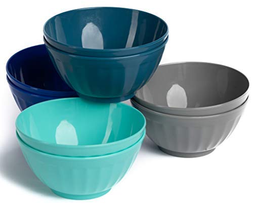 Klickpick Home 6 Inch Plastic Bowls Set of 8-28 ounce Large Plastic Cereal Bowls Microwave Dishwasher Safe Soup Bowls - BPA Free Kids Bowls 4 Coastal Colors (2 of Each Color)