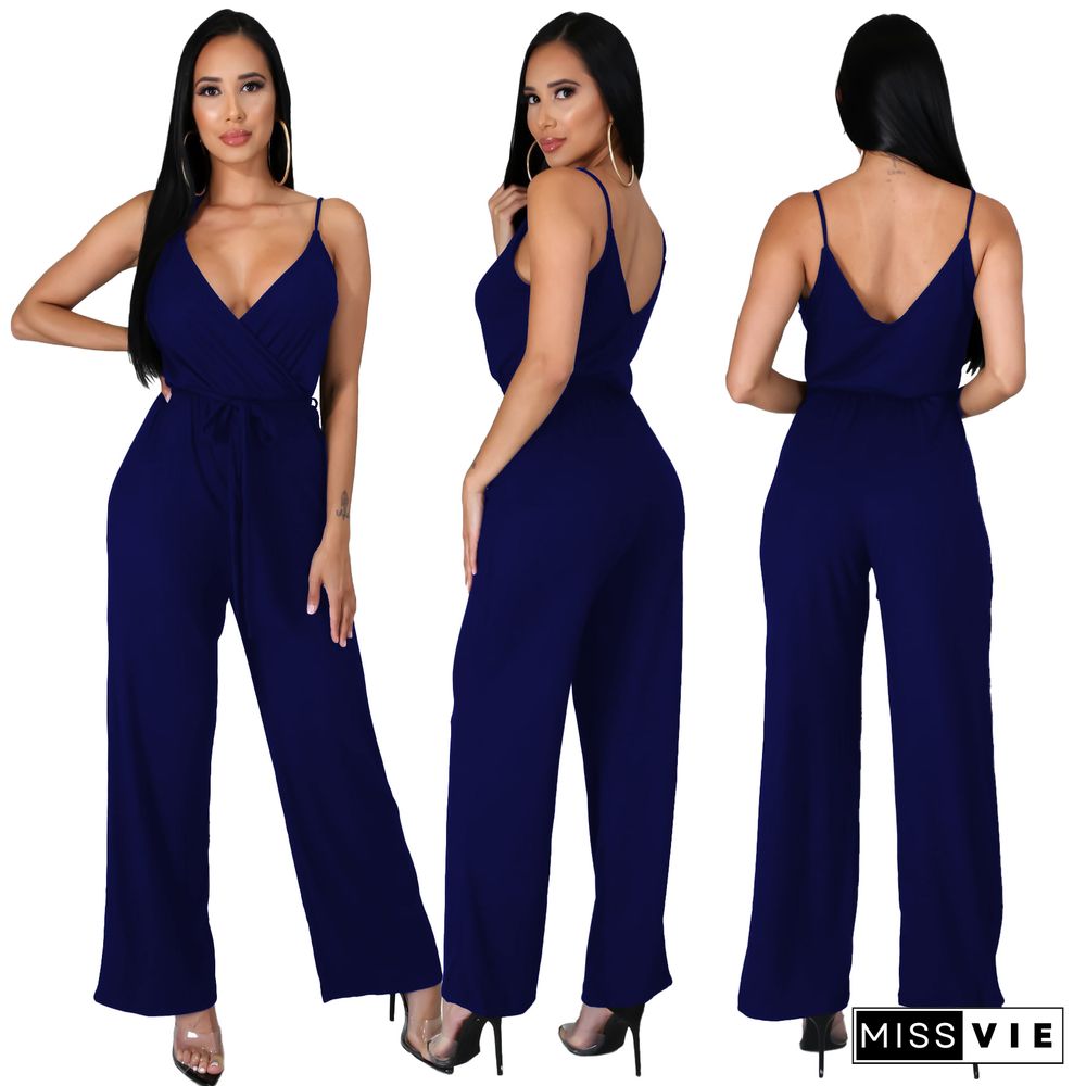 Women Elegant Summer Deep V Neck Sleeveless Solid Color Wide Leg Spaghetti Strap Bandage Jumpsuit