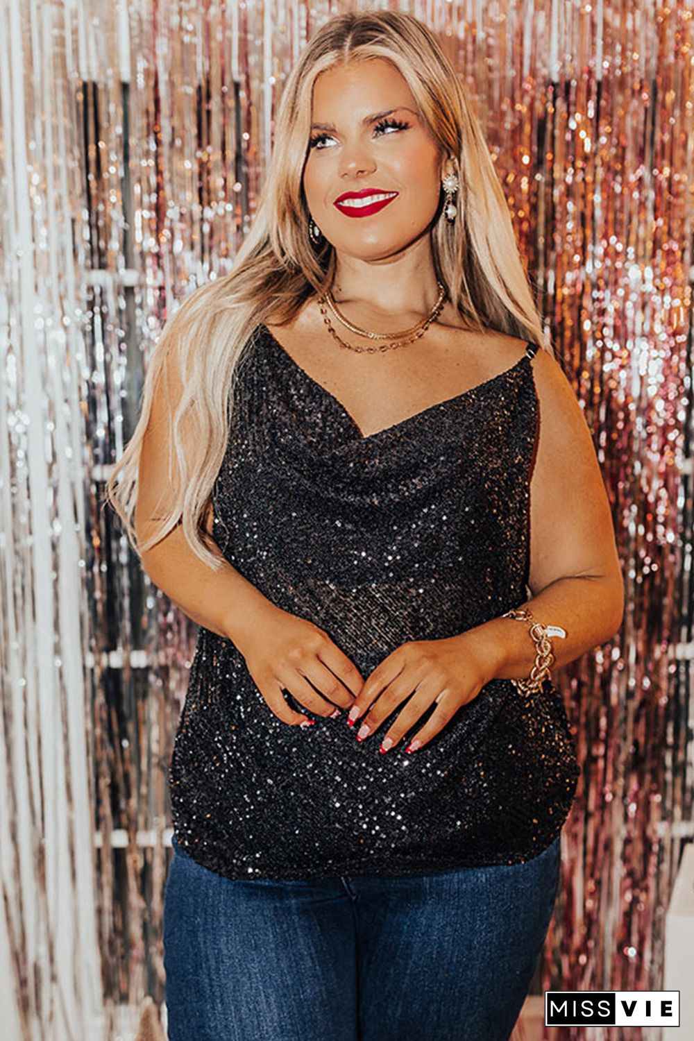 Black Plus Size Drape Neck Sequin Tank Top