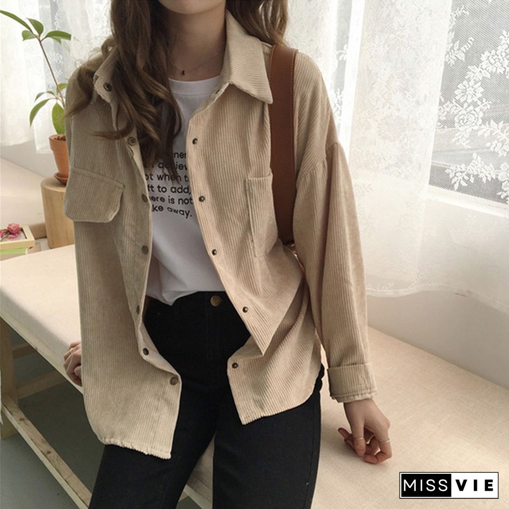 Women Vintage Spring Autumn Loose Shirts Korean Style Solid Color Blouse Long Sleeve Corduroy Coat