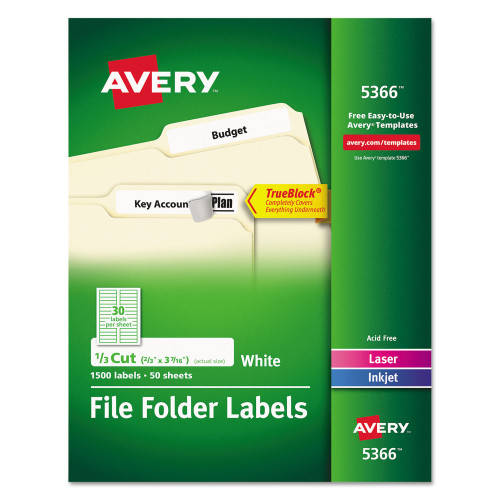 Avery Permanent TrueBlock File Folder Labels with Sure Feed Technology， 0.66 x 3.44， White， 30/Sheet， 50 Sheets/Box (5366)